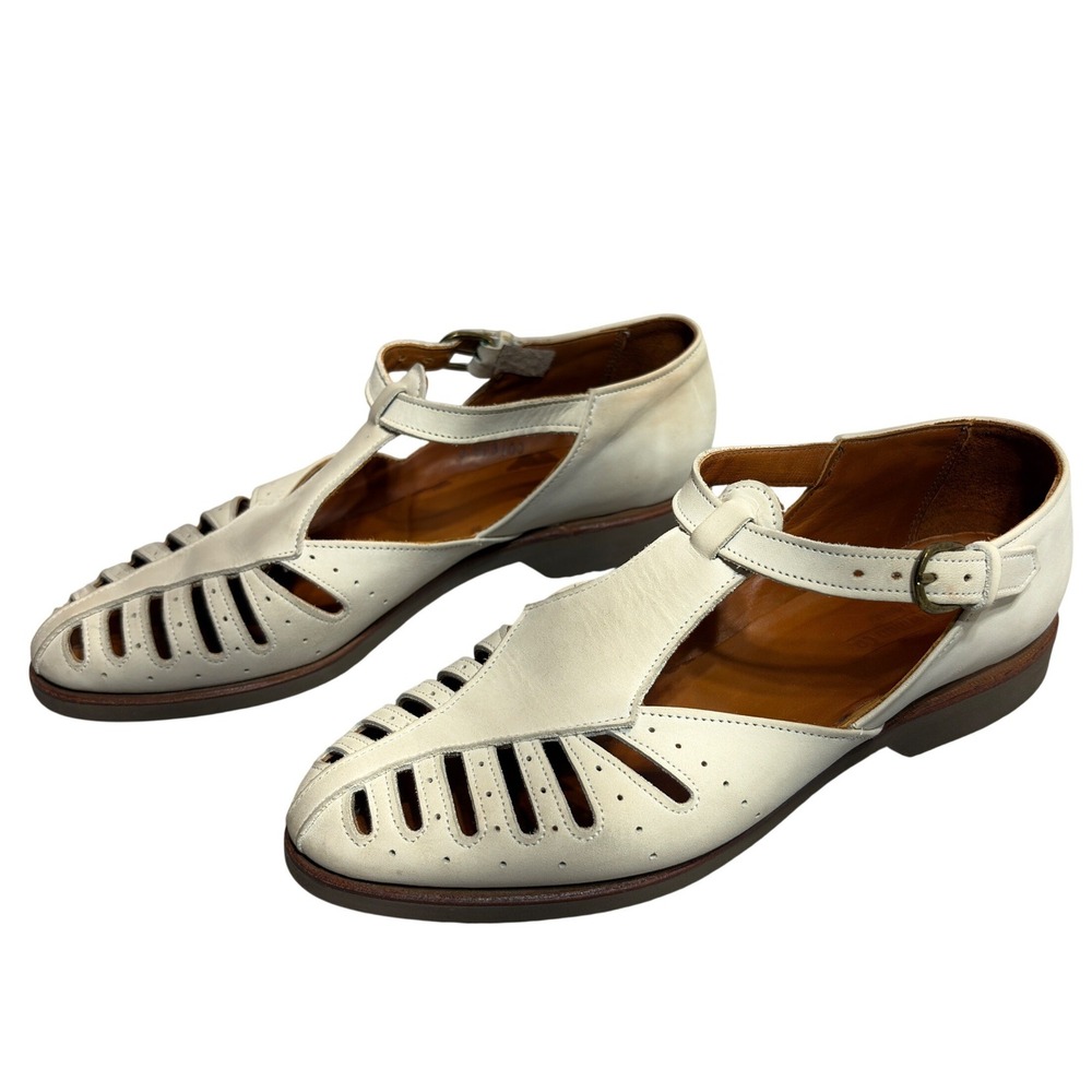 J Peterman Fisherman Sandals Womens 8.5 Cream Leather T-Strap Vintage Low Heel